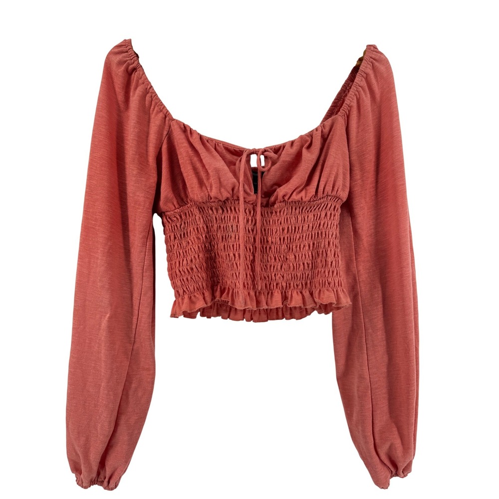 Forever 21 Coral Peach Smocked Long Sleeve Crop Top Womens Large Babydoll Boho